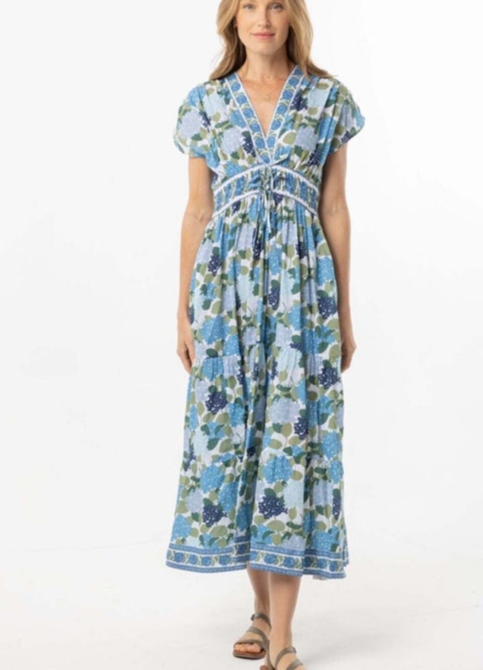 Bindu Aria Maxi Dress XS Blue Floral Cotton Resort Pockets
